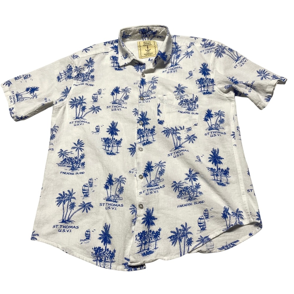 White‎ Sands Button Up Shirt Mens Medium White Blue St Thomas USVI Tropical